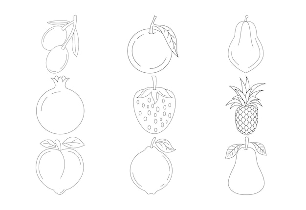 Frutas para colorear páginas vector ilustración sobre fondo blanco Libro para colorear para niños