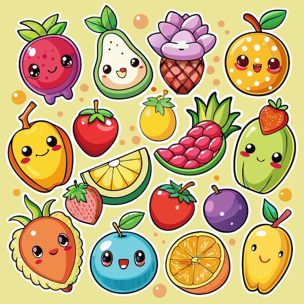 Frutas coloridas de dibujos animados con caras lindas en un fondo amarillo claro