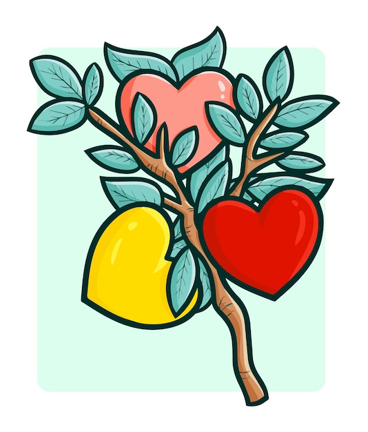 Frutas coloridas divertidas y dulces del amor en el árbol en estilo doodle