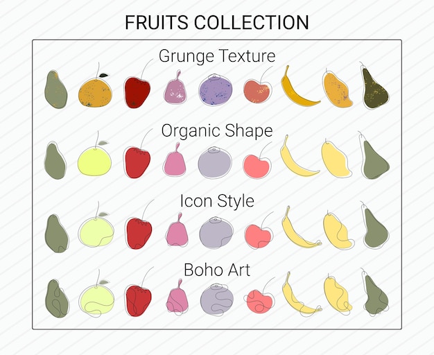 Frutas comida culinaria set colección variedad estilos grunge formas orgánicas icono doodle boho art