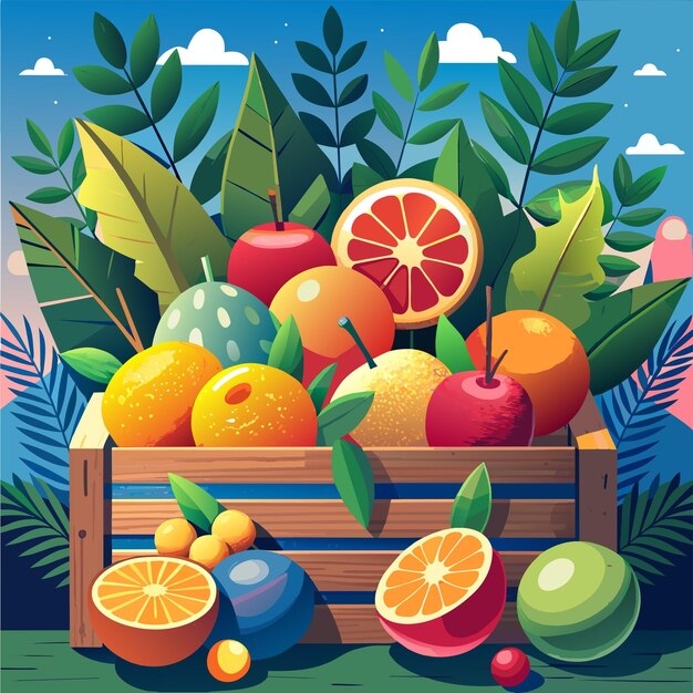 Vector frutas deliciosas en una caja de madera ilustración vectorial