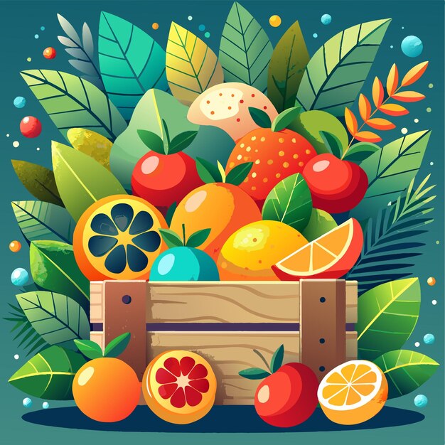 Vector frutas deliciosas en una caja de madera ilustración vectorial