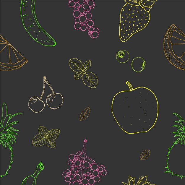 Vector frutas dibujadas en línea de arte de patrón sin costura