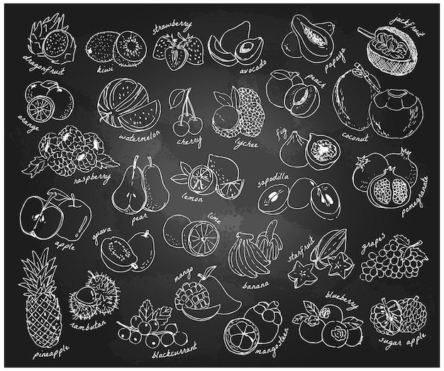 Vector frutas dibujadas a mano en pizarra