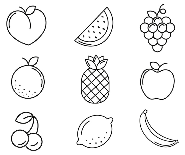 Frutas dibujo simple frutas exóticas y frescas arte de línea vitaminas ilustración vectorial