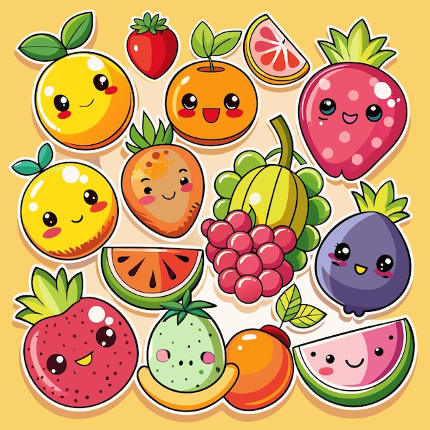 Frutas de dibujos animados con caras divertidas pegatinas aisladas en fondo beige