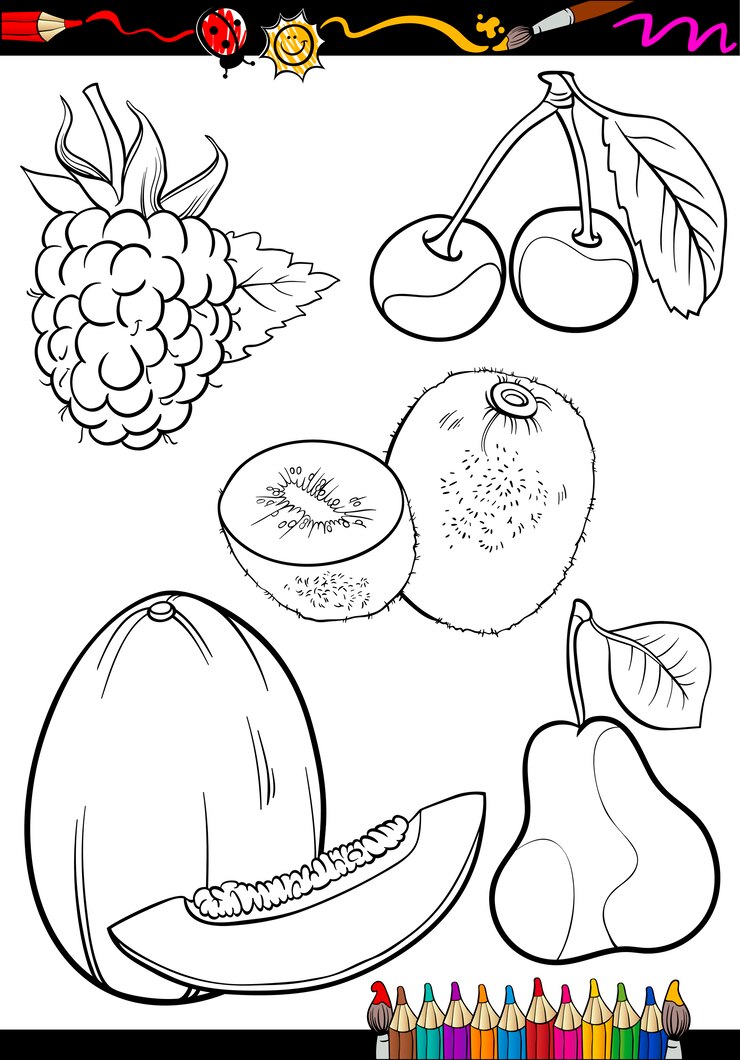 Vector frutas de dibujos animados para colorear libro