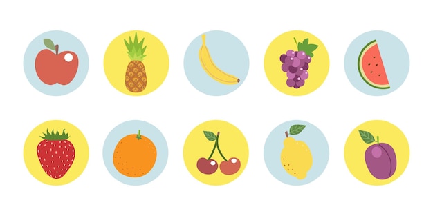 Frutas de dibujos animados divertidos Sticker Bookmark Estilo dibujado a mano Dibujo vectorial Colección de elementos de diseño