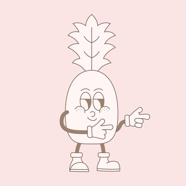 Vector frutas de dibujos animados de línea groovy mascota cómica de los años 60 y 70 ananas cómico funky cara de sonrisa feliz
