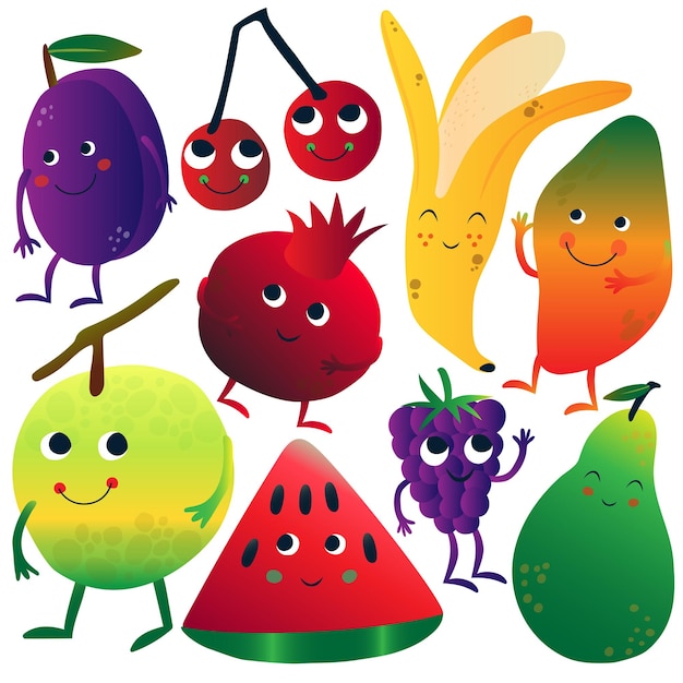 Vector frutas divertidas personajes de dibujos animados con caras divertidas plum cerezas maduras banana mango manzana sandía blackberry granada ilustración vectorial en fondo blanco