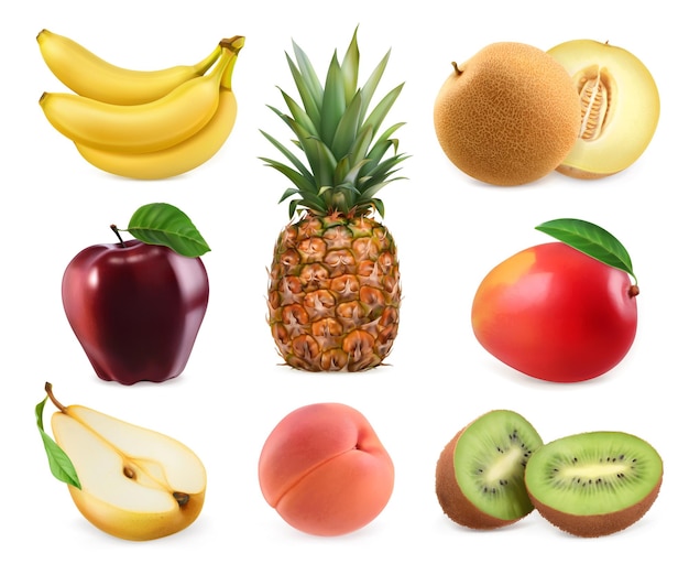 Frutas dulces. Plátano, piña, manzana, melón, mango, kiwi, melocotón, pera.