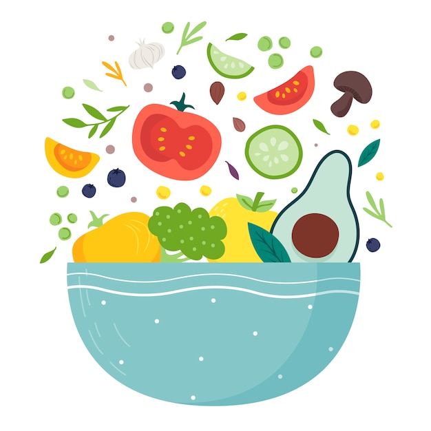 Vector frutas y ensaladeras diseño plano