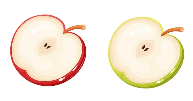 Frutas de estilo de dibujos animados de media manzana verde y roja