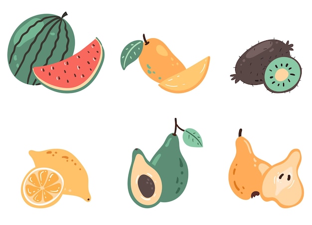 Vector frutas exóticas tropicales enteras y mitad recortadas estilo garabato dibujado a mano diseño gráfico aislado