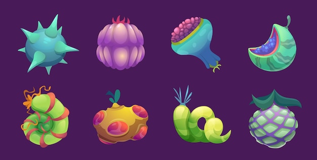 Frutas de fantasía plantas cómicas decorativas de cuento de hadas frutas mágicas para el proyecto de diseño de juegos conjunto de dibujos animados vectoriales exactos ilustración de la naturaleza vegetal diseño lindo