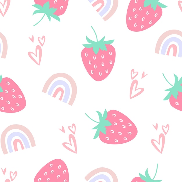 Frutas de fresa bonitas patrón sin costuras con corazón y arco iris diseño plano vector Ilustración