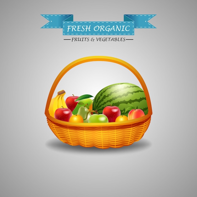 Frutas frescas en canasta de mimbre aisladas en la ilustración vectorial blanca