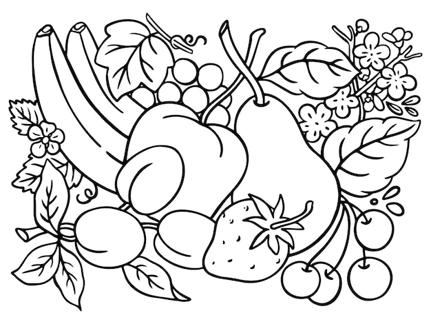 Frutas frescas cosechadas del dibujo lineal de la granja.