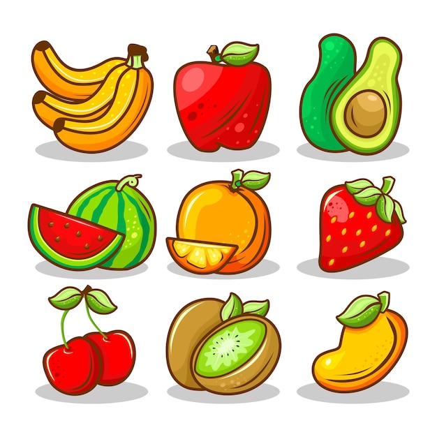 Vector frutas frescas y rodajas de fruta conjunto de vectores de dibujos animados