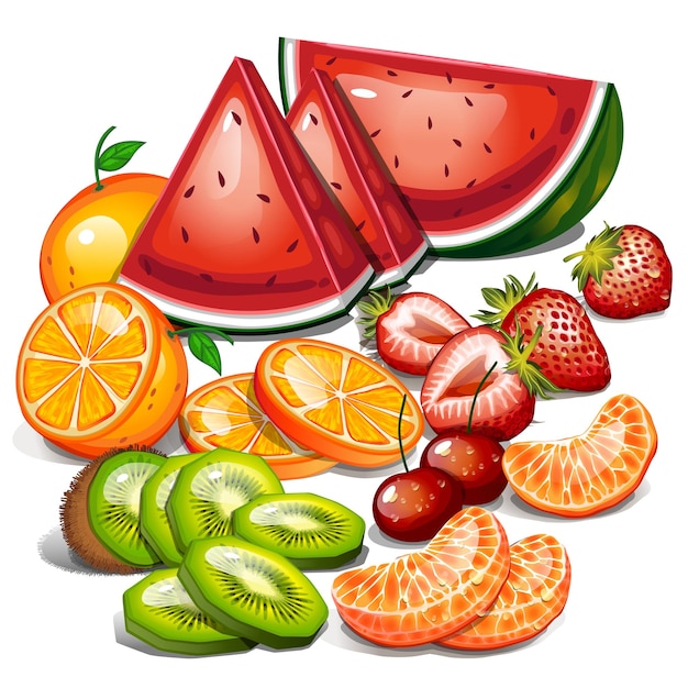 Vector frutas frescas, sandía, naranja, fresa, kiwi, cereza, frutas.