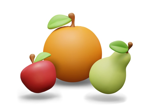 Frutas frescas vectoriales en 3d de primer plano en fondo blanco manzana naranja jugosa pera