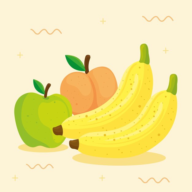 Frutas frescas, verde manzana con plátano y melocotón