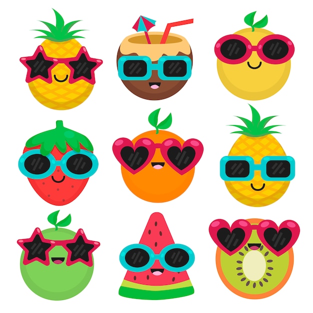 Vector frutas con gafas de sol en conjunto de verano.