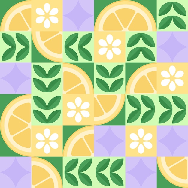 Frutas geométricas patrón sin costuras limón jugoso rebanadas de naranja flores planas y hojas tela de envoltura de alimentos de vitaminas orgánicas impresión diseño vectorial racy
