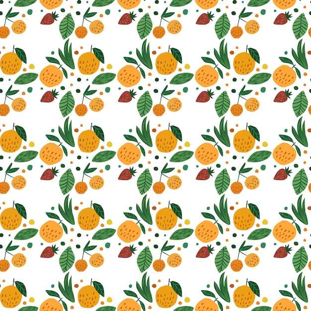 Frutas geométricas de patrones sin fisuras. Fruta divertida del jardín. Papel pintado de bayas de cerezo, manzanas, fresa y hojas dibujadas a mano.