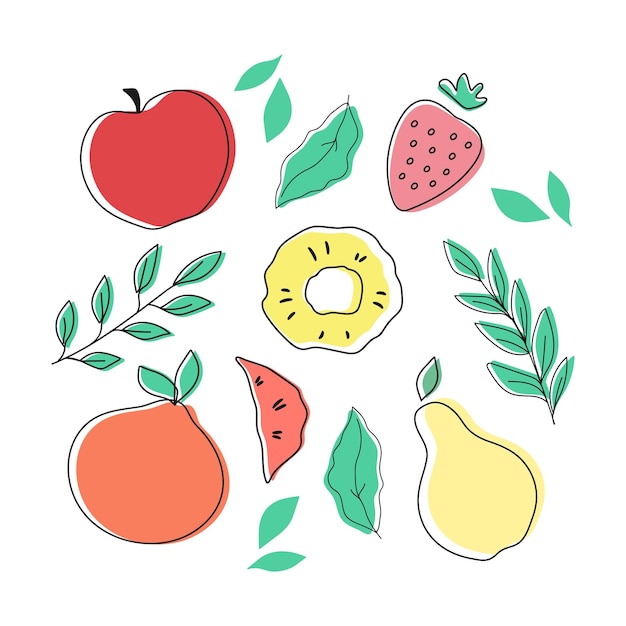 Frutas y hojas de dibujos animados aisladas sobre fondo blanco Ilustración vectorial