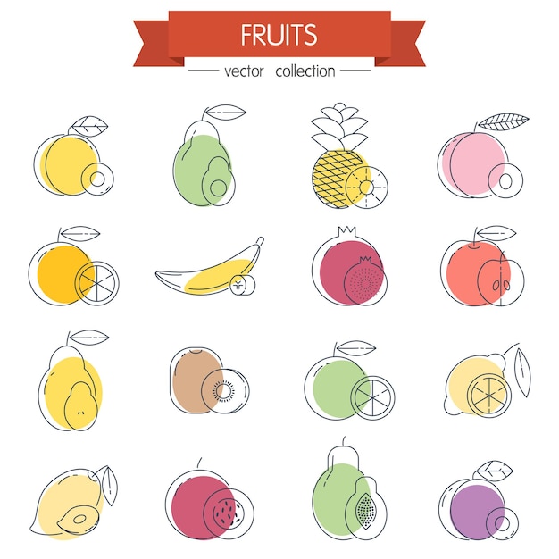 Frutas con iconos de líneas delgadas mínimas con formas coloridas, elementos de diseño de ilustración vectorial