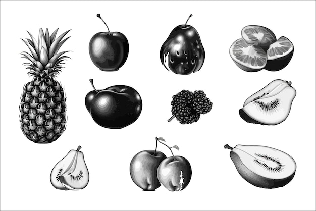 Vector frutas iconos negros aislados en el fondo ilustración vectorial de dibujos animados