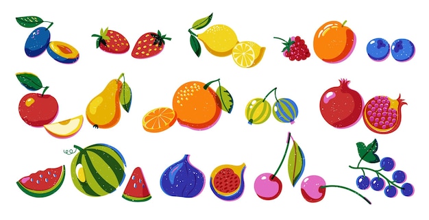 Frutas de impresión Riso Marcas botánicas retro de bayas y frutas manzana de ciruela vintage fresa limón sandía íconos colección aislada vectorial