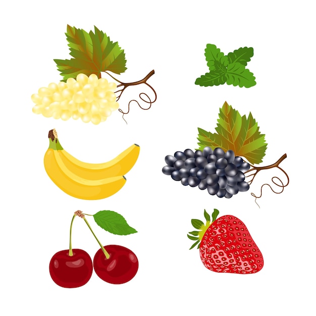 Frutas jugosas y bayas aisladas en un fondo blanco Alimentos naturales saludables Una fuente de vitaminas