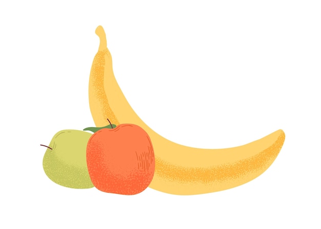 Frutas jugosas frescas en colores naranja, verde y amarillo. dos manzanas y un plátano aislado sobre fondo blanco. dibujado a mano con textura plana ilustración vectorial de colores.