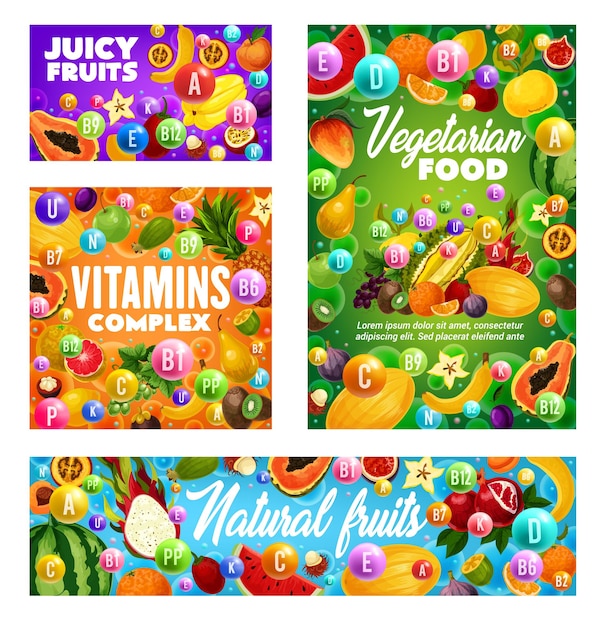 Vector frutas jugosas y vitaminas frutas orgánicas naturales.