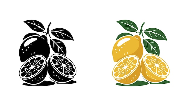 Frutas de limón con hojas y mitades cortadas - Ilustración vectorial