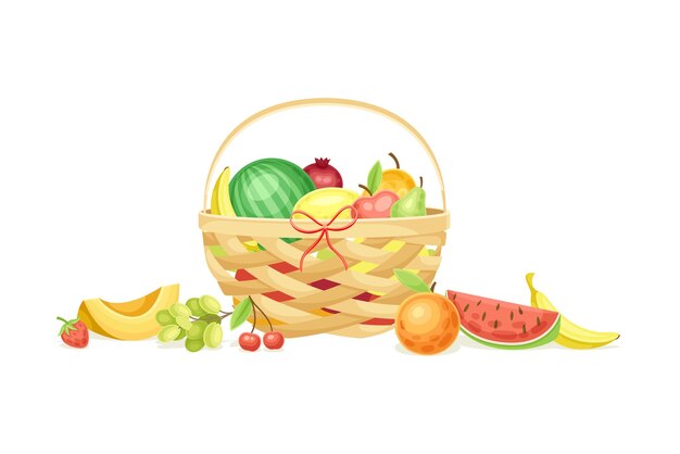 Frutas maduras en la canasta como cosecha estacional e ilustración del vector de rendimiento
