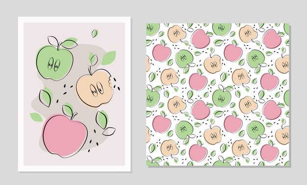 Frutas de manzana en diseño plano Cartel y patrón sin costuras con manzana para papel tapiz de tarjetas de tela