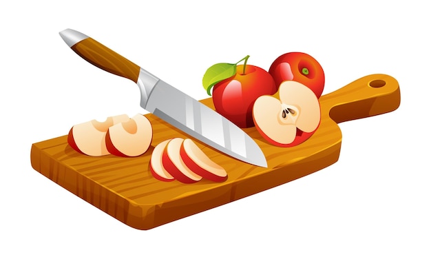Frutas de manzana frescas enteras y cortadas con cuchillo en la tabla de corte ilustración de dibujos animados vectorial