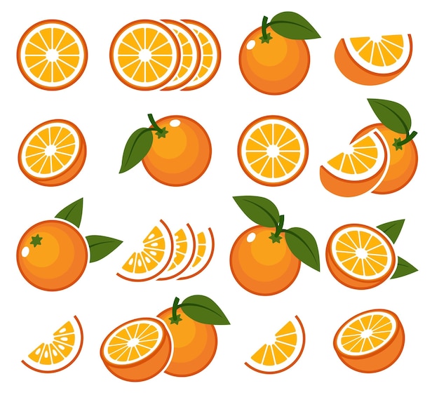 Frutas de naranja frescas Ilustración vectorial de naranjas cítricas jugosas con la mitad y la rodaja para la brea de verano