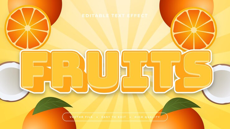 Vector frutas naranjas amarillas y blancas estilo de fuente de efecto de texto editable en 3d