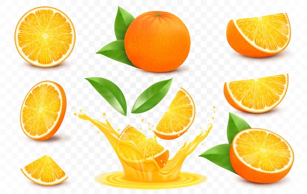 Frutas naranjas frescas enteras y rodajas de jugo de naranja conjunto de iconos de vector realista 3d aislado sobre fondo transparente