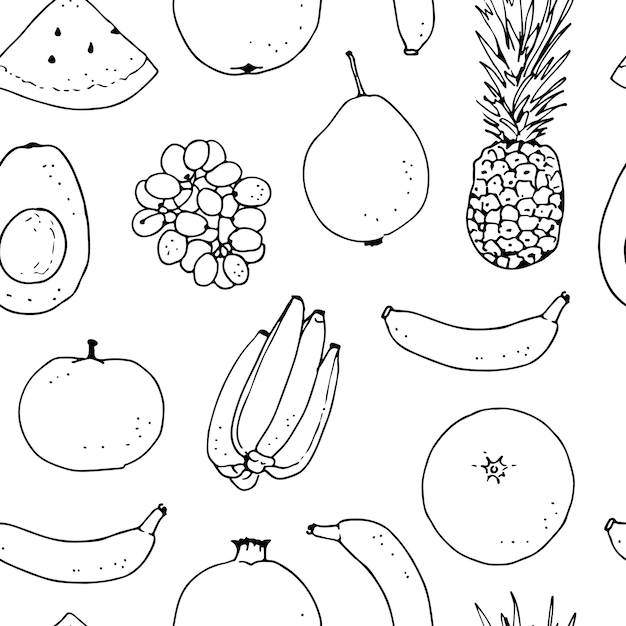 Vector frutas con patrón sin costuras con fondo vectorial dibujado a mano