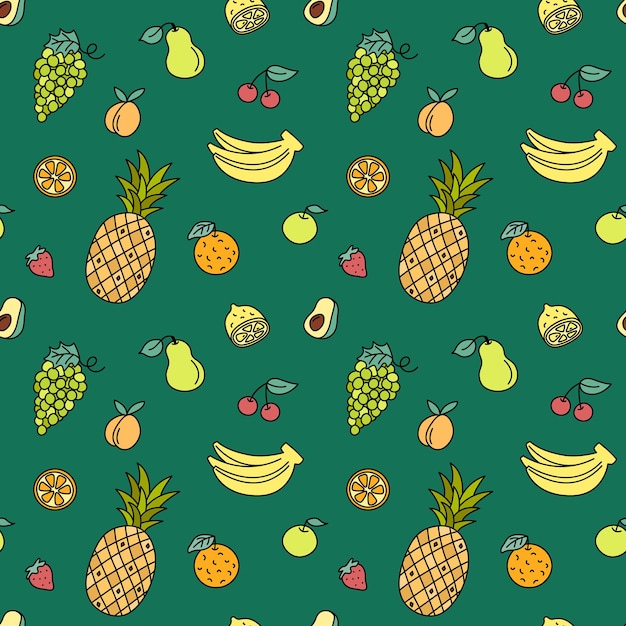 Frutas Patrón dibujos coloridos elementos de alimentos naturales fondo dibujos de contorno de repetición lindo con piña manzana bayas plátano naranja