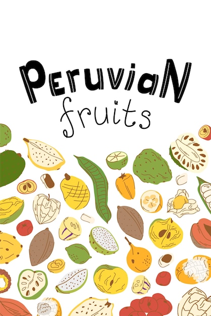 Vector frutas peruanas con letras verticales ilustradas con frutas y bayas en estilo plano. entero y cortado.