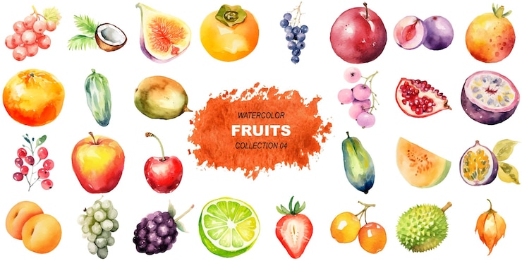 Vector frutas pintadas con acuarela vectorial elementos de diseño de alimentos frescos dibujados a mano aislados sobre un fondo blanco