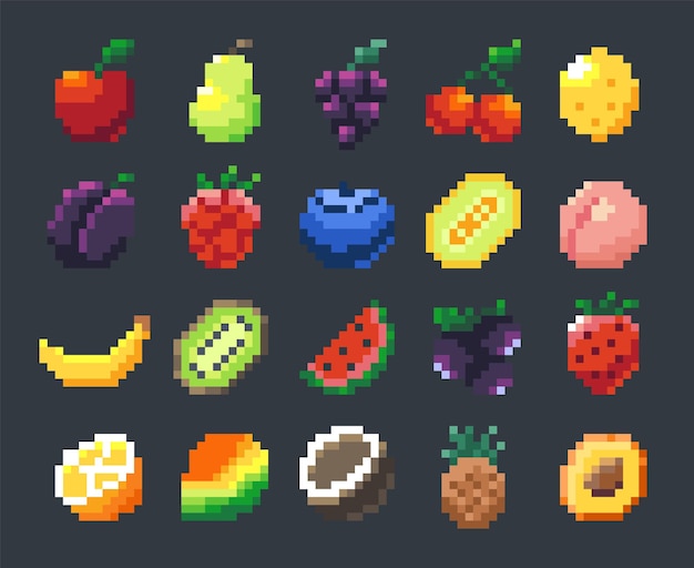 Vector frutas de píxeles activo de sprite de juego 2d de dibujos animados con manzana plátano mango cítrico piña cereza 8 bits colección de signos de frutas para el desarrollo de juegos conjunto de vectores