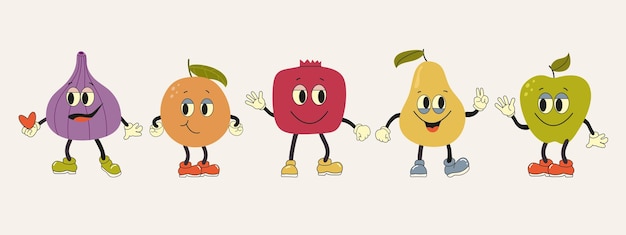 Vector frutas retro personajes de dibujos animados funky groovy frutas conjunto dibujo a mano divertido retro estilo vintage de moda