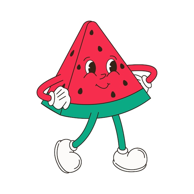 Frutas retro personajes de dibujos animados funky mascota cómica de plátano con cara de sonrisa feliz manos y pies